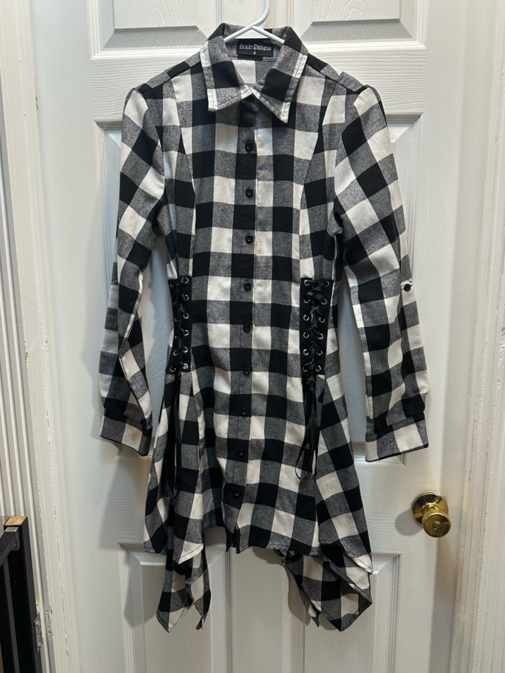 Scarlet Darkness Black & White Buffalo Plaid Lace-Up Long Sleeve Dress